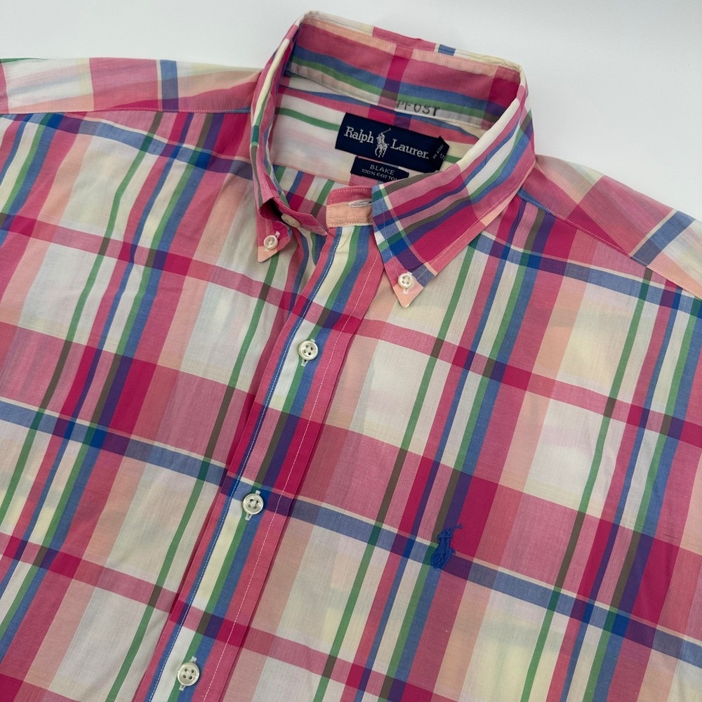 Ralph Lauren Men's Medium Short Sleeve Button Down Pink Plaid Blake Cotton Shirt